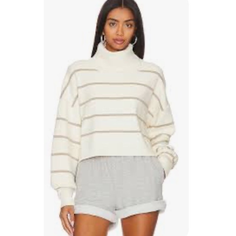 Free People Paulie Striped Turtleneck Sweater Moonbeam Combo Cream Tan Small